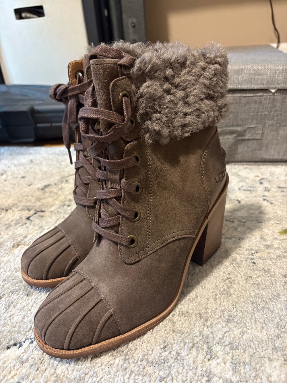 UGG Brown Suede Lace-Up Heeled Boot with Shearling Cuff